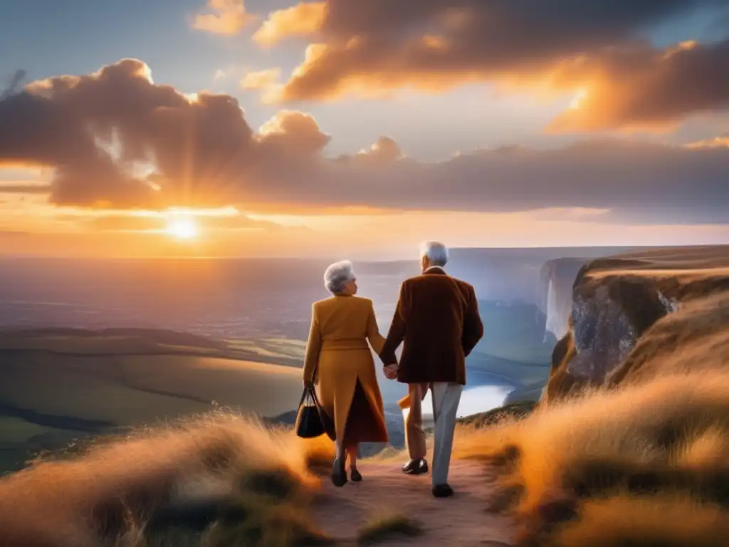 Pareja mayor admirando paisaje majestuoso Pareja mayor disfruta paisaje majestuoso, moda moderna