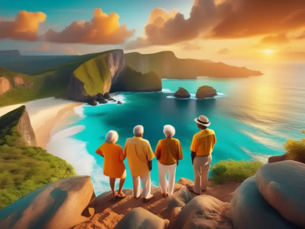 Grupo de adultos mayores disfrutando de un atardecer en una isla remota Experiencias de viajes para adultos mayores en isla remota con atardeceres impresionantes