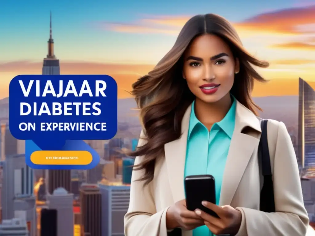 Viajera segura con diabetes Ilustración moderna de una viajera con diabetes lista para emergencias - Consejos viajes diabetes seguros
