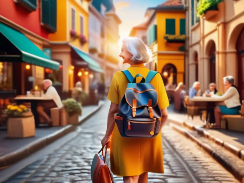 Viajera senior en ciudad vibrante Consejos para viaje de seniors solitarios en una ciudad vibrante, con una elegante mujer mayor explorando con alegría