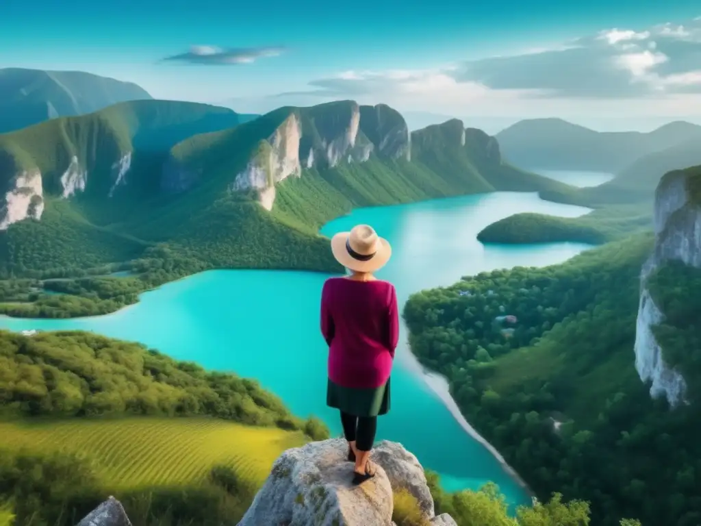 Viajera solitaria disfrutando la libertad en un paisaje impresionante Consejos seguridad viajes maduros: Mujer mayor disfrutando de la naturaleza y la aventura en un paisaje impresionante