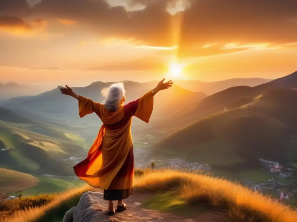 Mujer mayor abraza la aventura en la montaña Beneficios viajar solo tercera edad: Empoderamiento y aventura en la montaña con una mujer activa disfrutando del paisaje al atardecer
