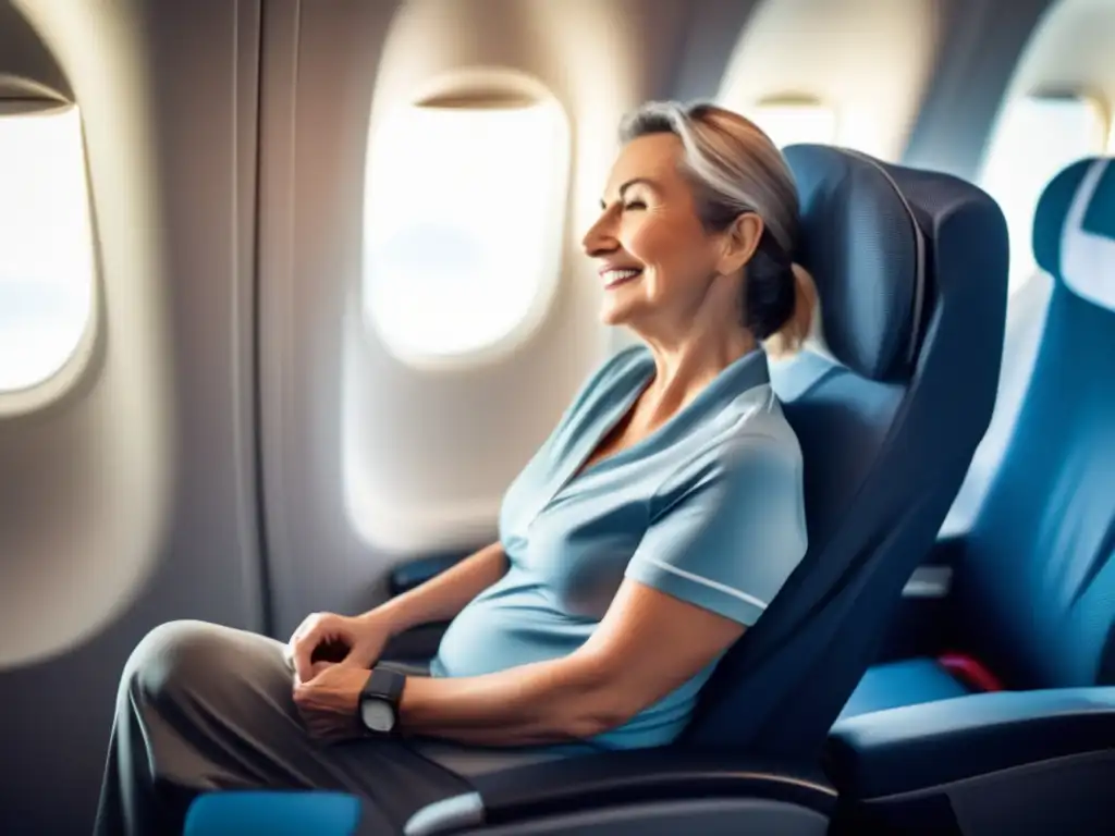Viajera activa en avión haciendo ejercicios Ejercicios en avión para viajeros maduros, cómodos y activos