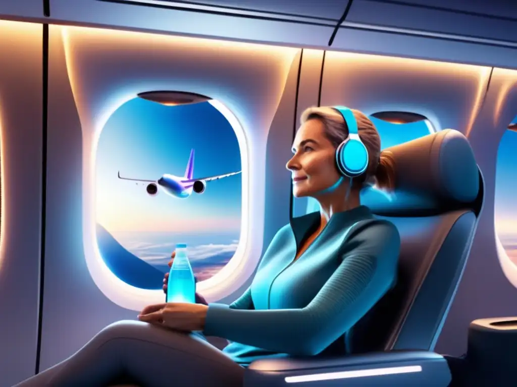 Viajero maduro ejercitándose en avión Ejercicios prevenir jet lag en viajeros maduros