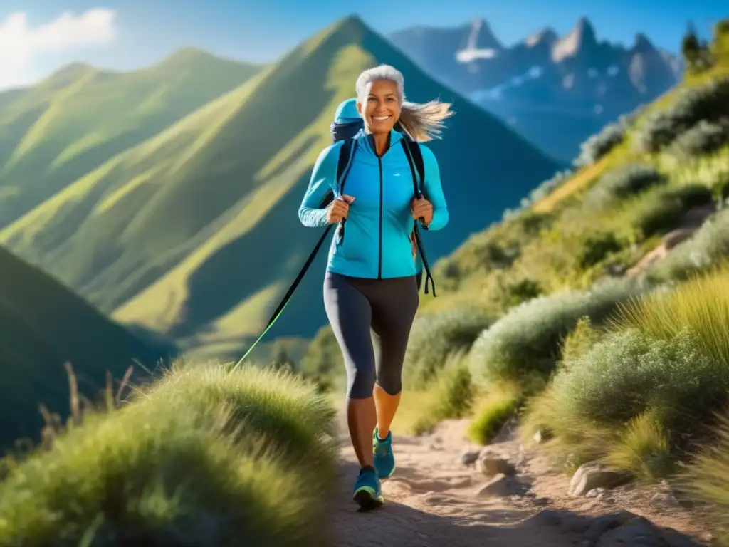 Viajero activo en sendero de montaña Entrenamiento de resistencia para viajeros maduros en un escenario al aire libre pintoresco con una imagen de alta definición en 8K