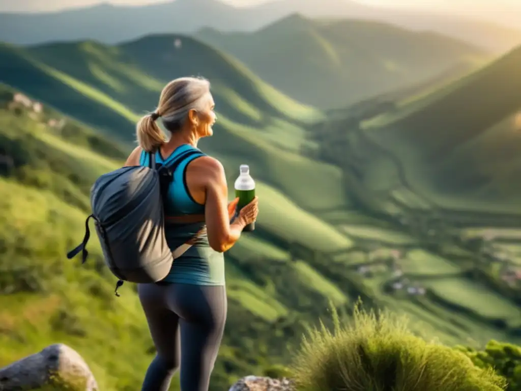 Viajero maduro en montaña con rutinas de ejercicio