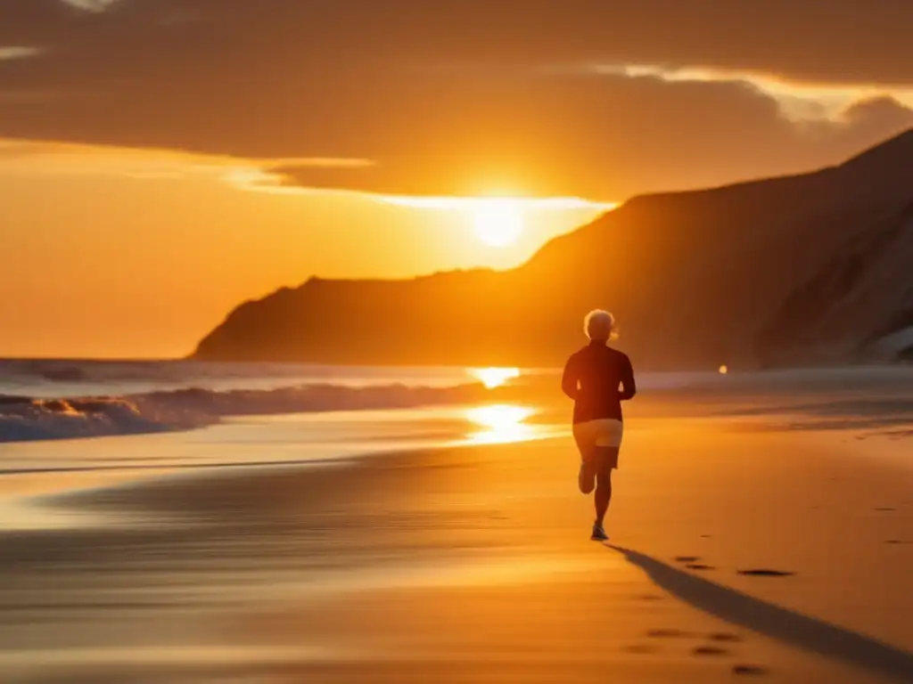 Viajero ejercitándose en playa al atardecer Ejercicios para prevenir el jet lag en viajeros maduros en una playa al atardecer
