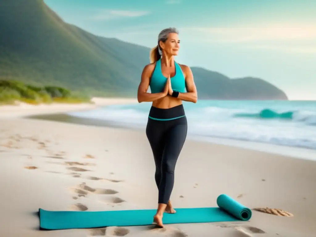 Viajero activo en la playa con yoga mat Rutina de ejercicio para viajeros maduros en playa pintoresca
