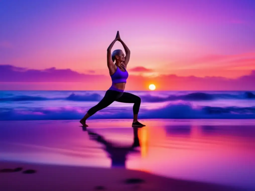Viajero maduro en yoga al atardecer Rutinas de ejercicio para viajeros maduros seguros en una playa al atardecer