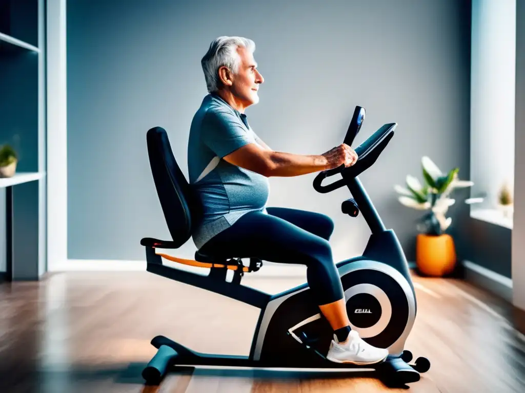 Senior viajero haciendo ejercicio en silla Ejercicios de silla para viajeros senior: un viajero senior realiza ejercicio de pedaleo en una moderna habitación iluminada, con paisaje de fondo