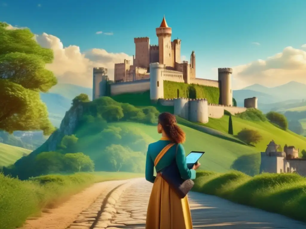 Viajero frente a castillo antiguo Viajero en castillo ancestral: Beneficios genealogía y viajes