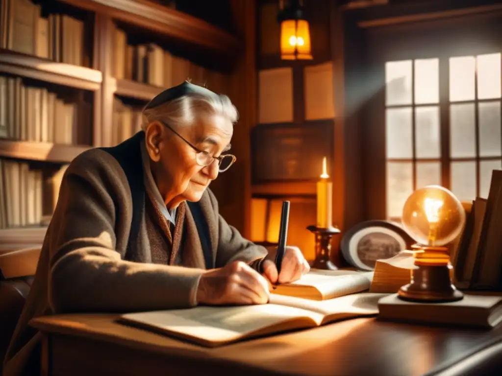 Anciano investiga sus raíces Ruta de ancestros para viajeros senior - Estudio acogedor con libros, fotografías y un viajero mayor investigando genealogía