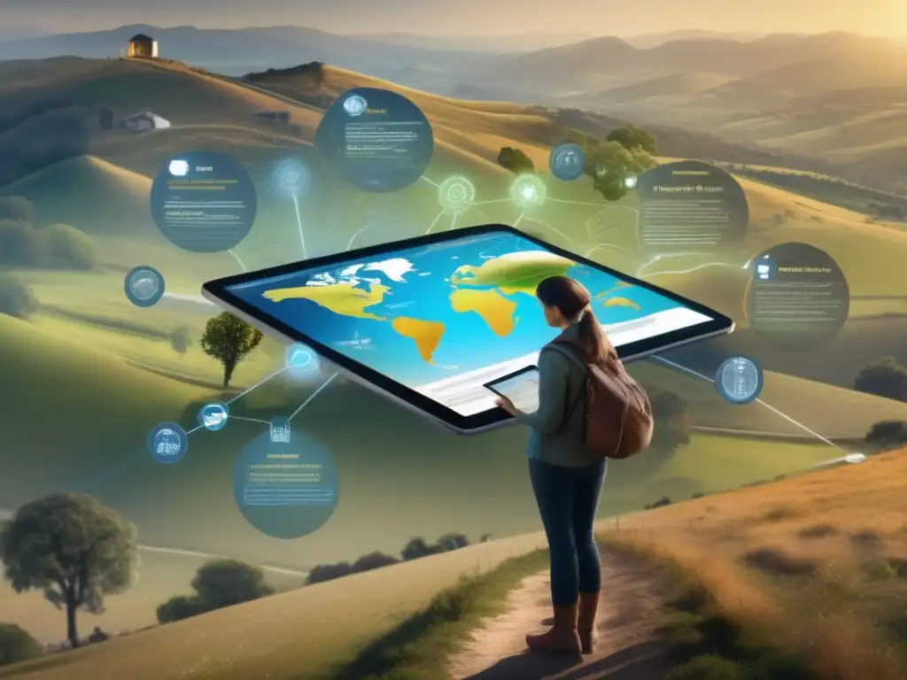 Viajero explorando ancestros Consejos para rutas de ancestros viajes: viajero moderno en colina con paisaje pintoresco y datos genealógicos en dispositivo