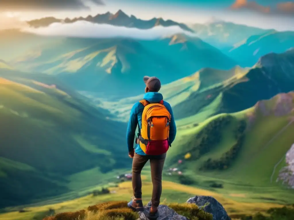 Viajero en la cima de montaña Viajero en la montaña con mentalidad positiva