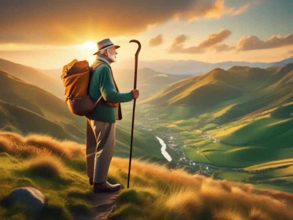 Majestuoso viajero anciano en montaña Un viajero de la tercera edad inspirador en una montaña, iluminado por el sol, transmitiendo aventura y confianza