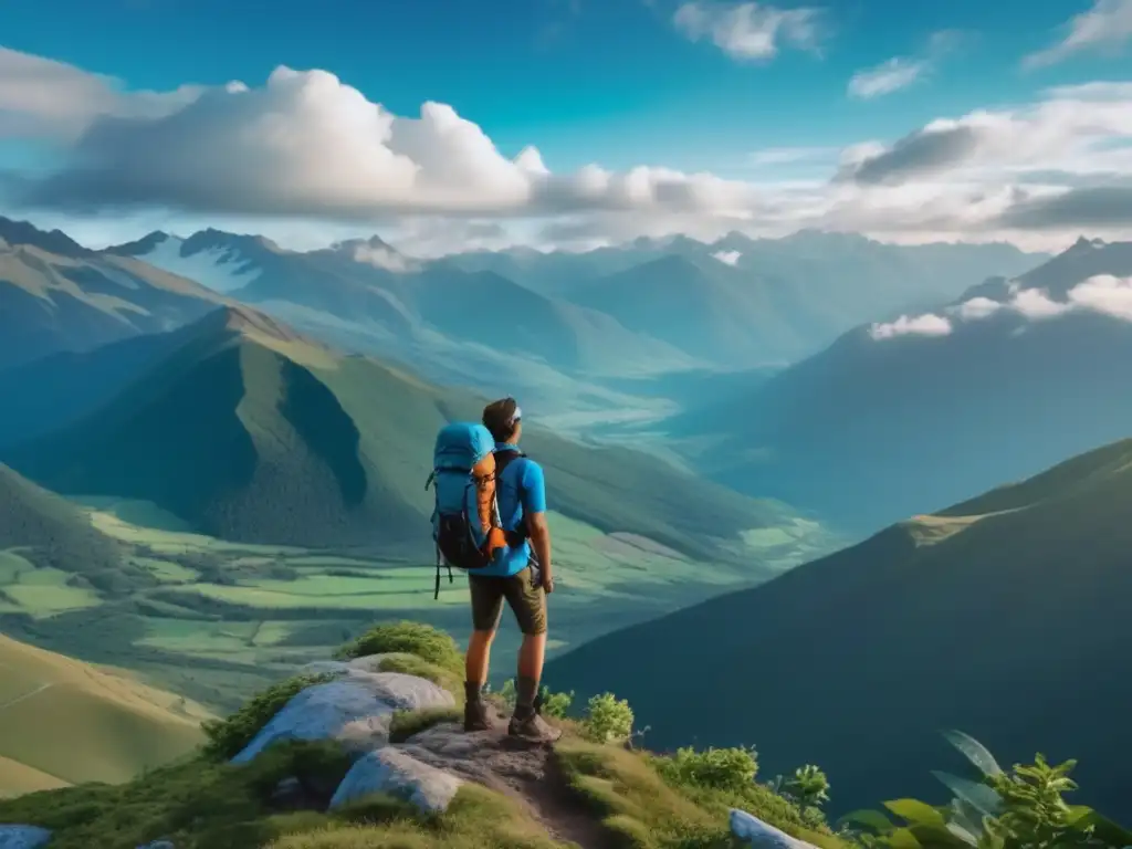 Viajero en montaña remota con paisaje impresionante Viajero disfruta de paisaje y lleva suplementos nutricionales