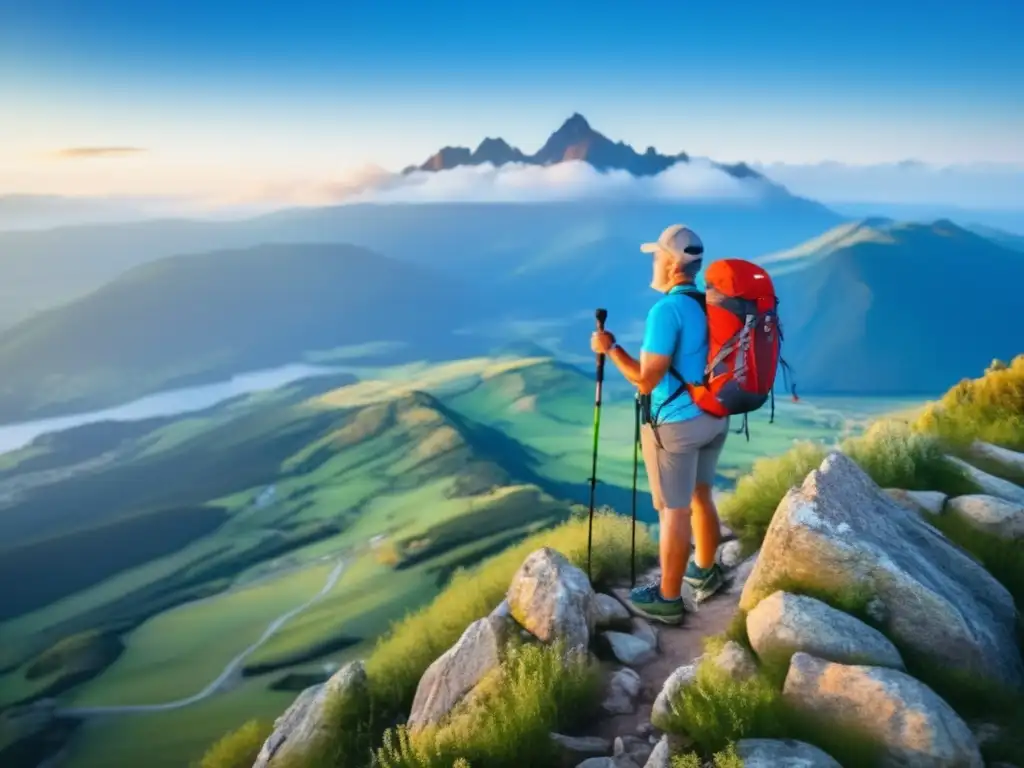 Aventurero en la cima de una montaña Viajero maduro en montaña con paisaje impresionante - Preparación física segura