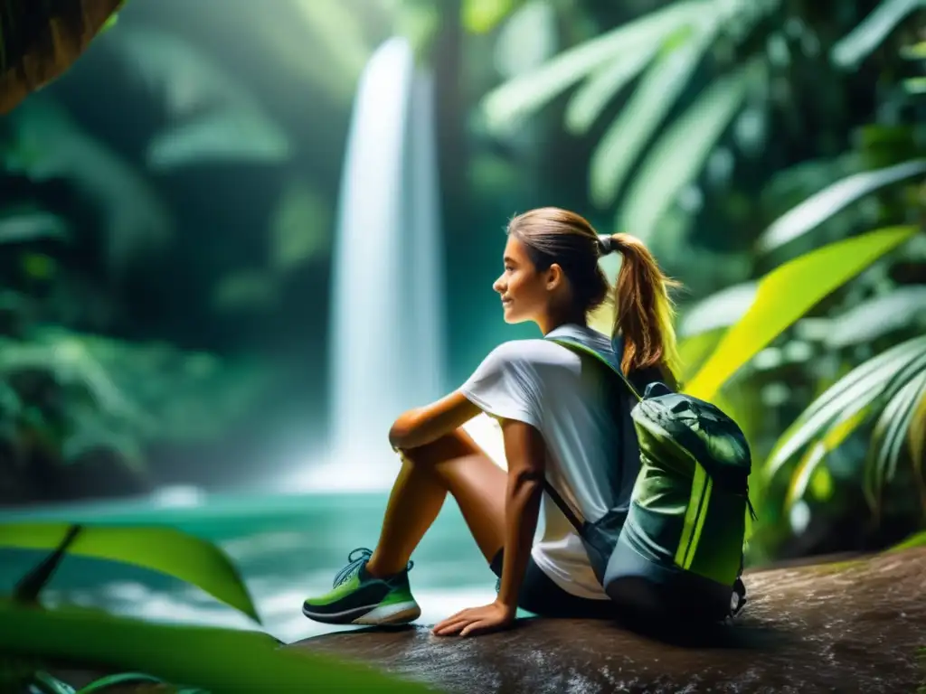 Viajero disfruta de cascada cristalina Joven viajero en cascada tropical - Cuidados de salud en viajes largos
