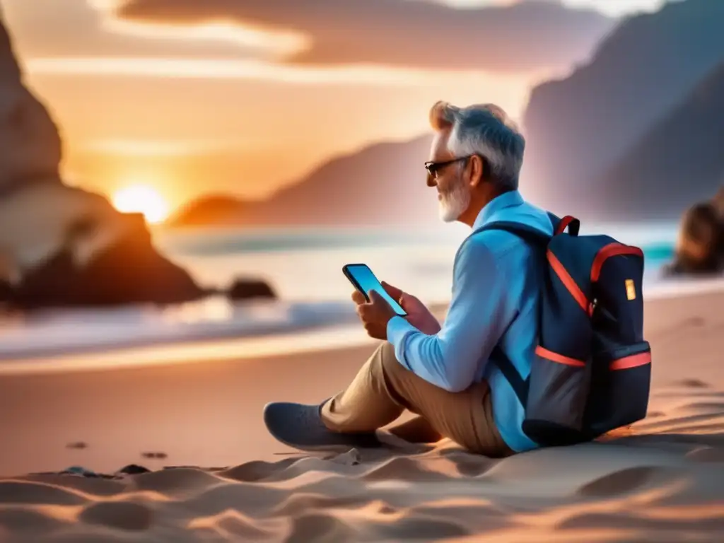 Riesgos de compartir en redes sociales Viajero maduro en playa con smartphone, redes sociales y advertencias sobre seguridad (110 caracteres)