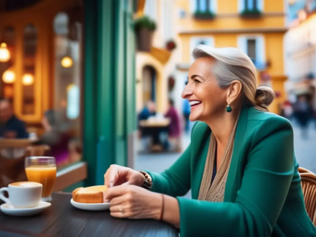 Viajero disfrutando de la cultura Un viajero adulto aprendiendo idioma en un café europeo