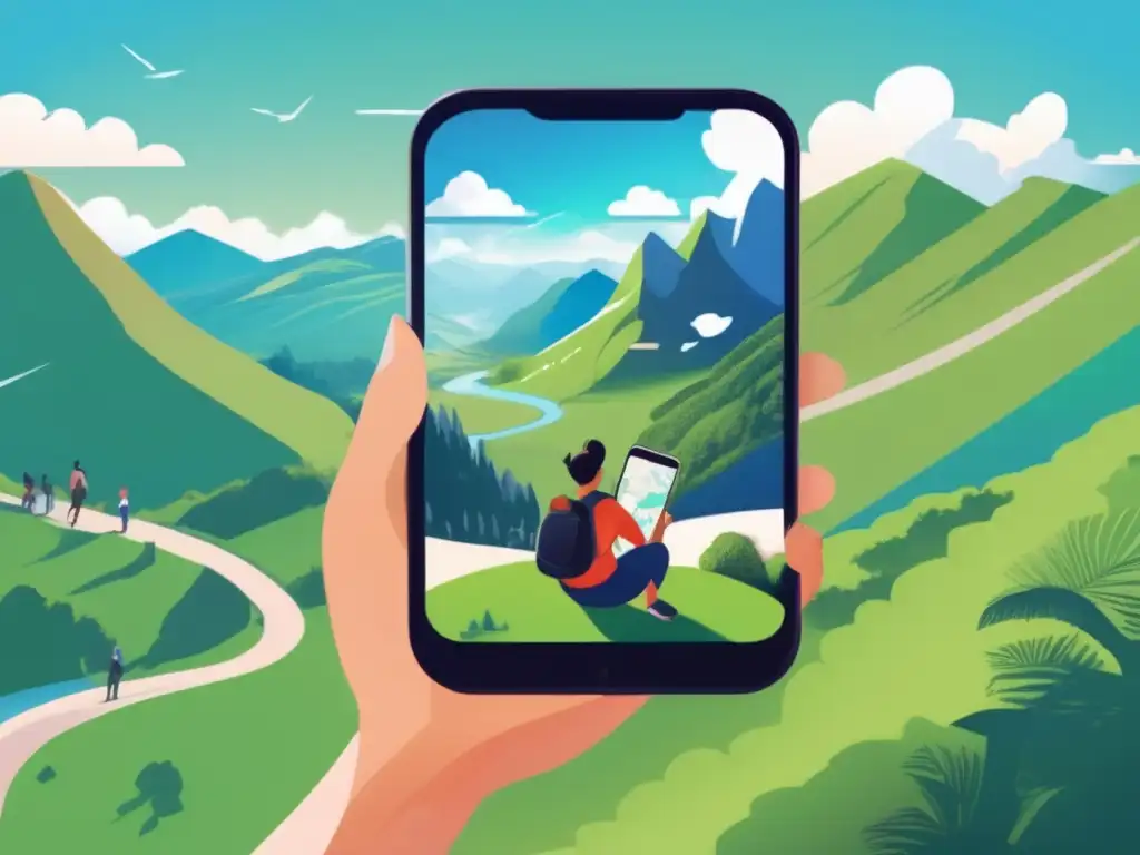 Viajero compartiendo ubicación en paisaje impresionante Ilustración de viajero sonriente en acantilado, compartiendo ubicación en mapa