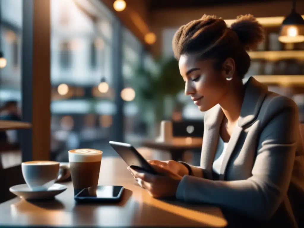Viajero conectado en acogedor café Consejos para evitar aislamiento digital en viajes: Viajero en un acogedor café rodeado de tecnología, WiFi gratis, luz natural y ambiente moderno