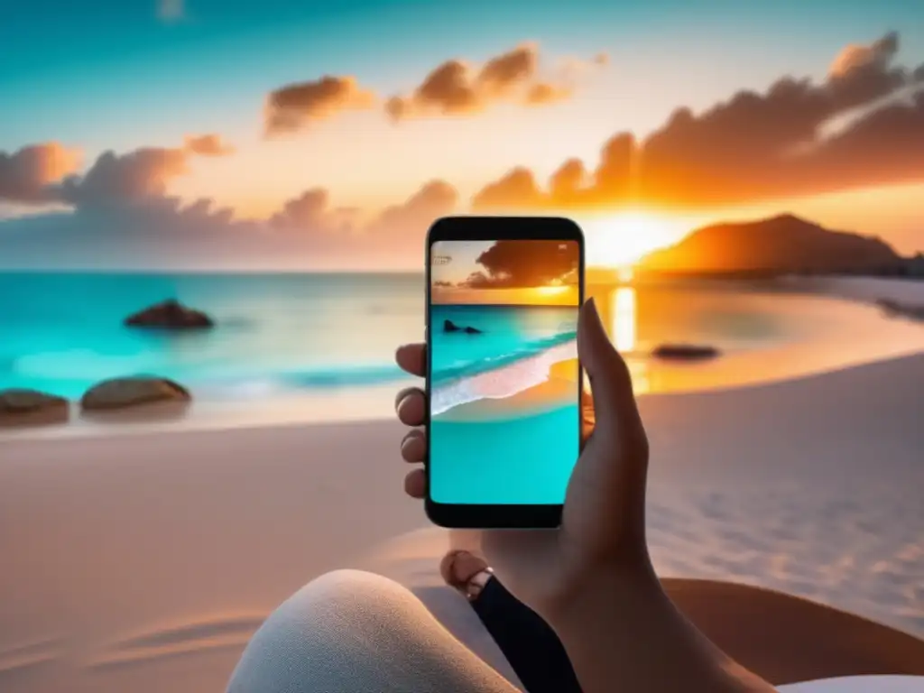 Viajero conectado en playa paradisíaca Viajero en playa con celular mostrando noticias en tiempo real