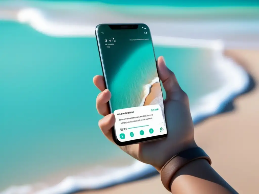 Viajero conectado en playa paradisíaca Viajero disfrutando de playa paradisíaca, manteniéndose informado con su smartphone
