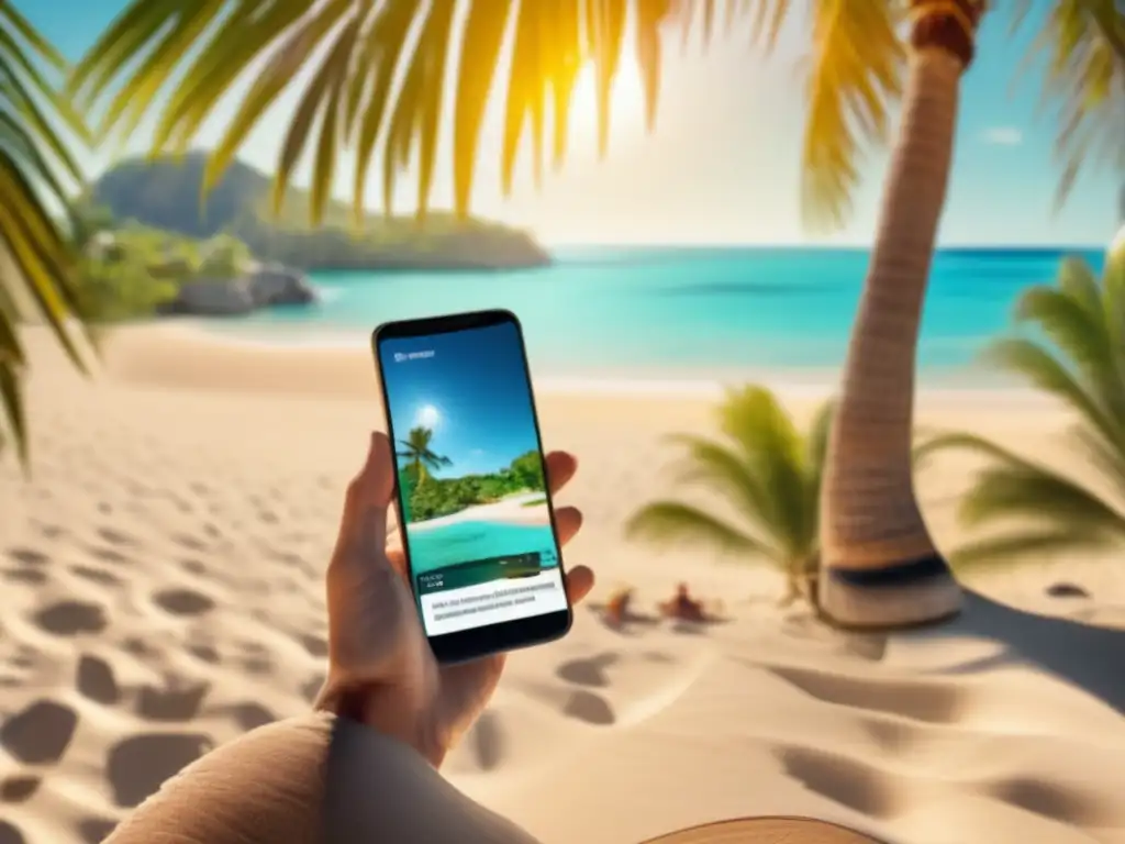 Viajero disfrutando del paraíso Tecnología para ahorrar en viajes: Viajero maduro en playa paradisíaca con smartphone mostrando mapa y atracciones turísticas