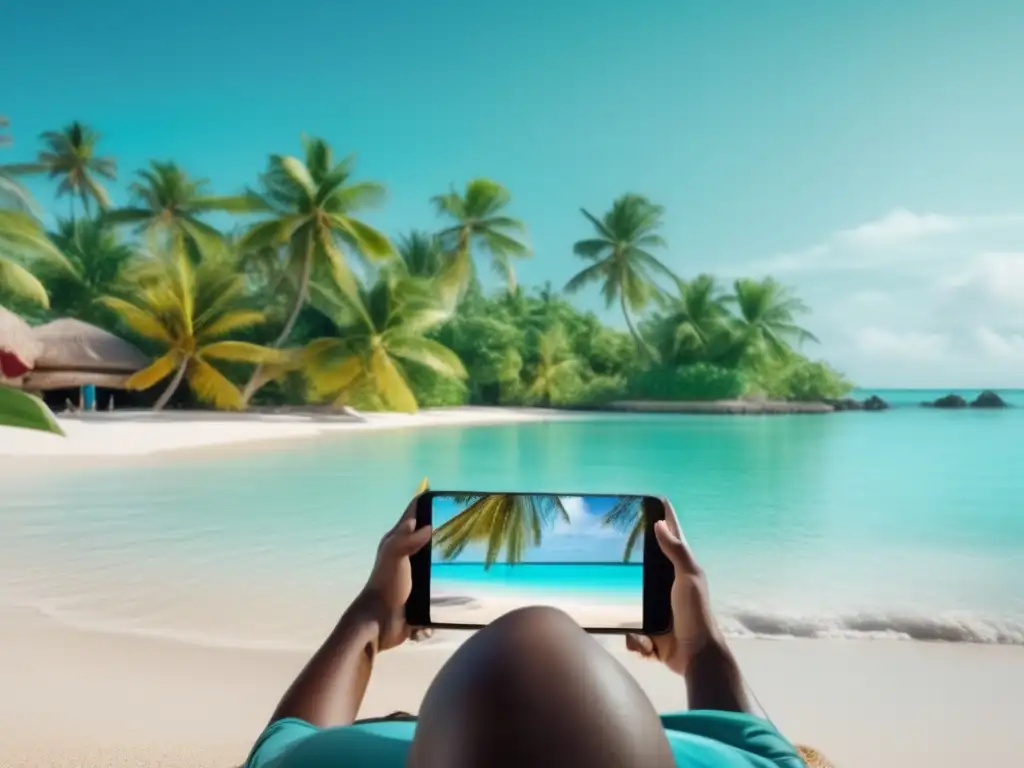 Viajero en playa paradisíaca con smartphone Viajero disfrutando de la playa mientras se mantiene informado con su smartphone
