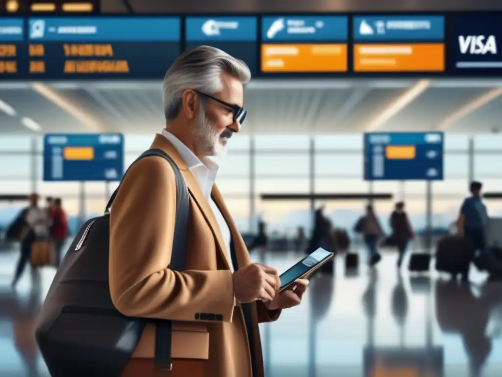 Elegante viajero en aeropuerto Un viajero maduro seguro y confiado en un aeropuerto moderno, con pasaporte y smartphone, mostrando app de visados