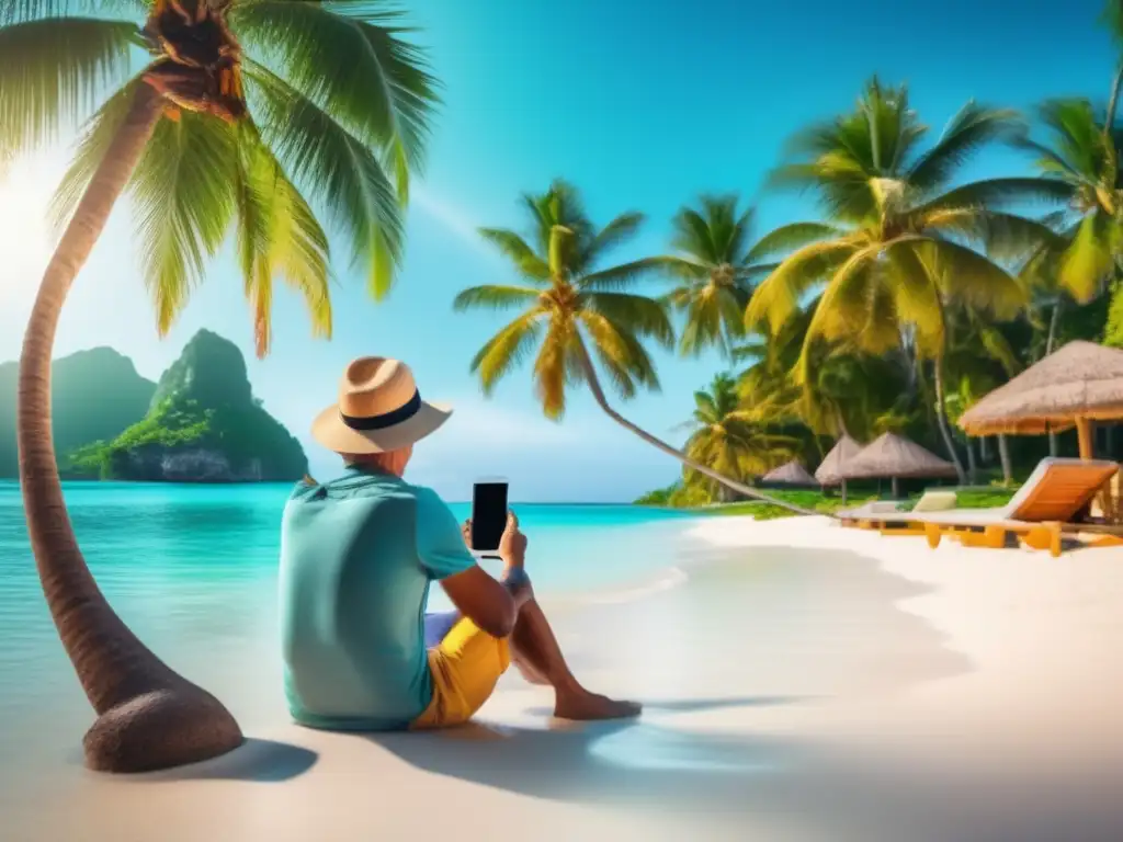 Un viajero maduro disfrutando de una playa paradisíaca con aguas turquesas y palmeras verdes
