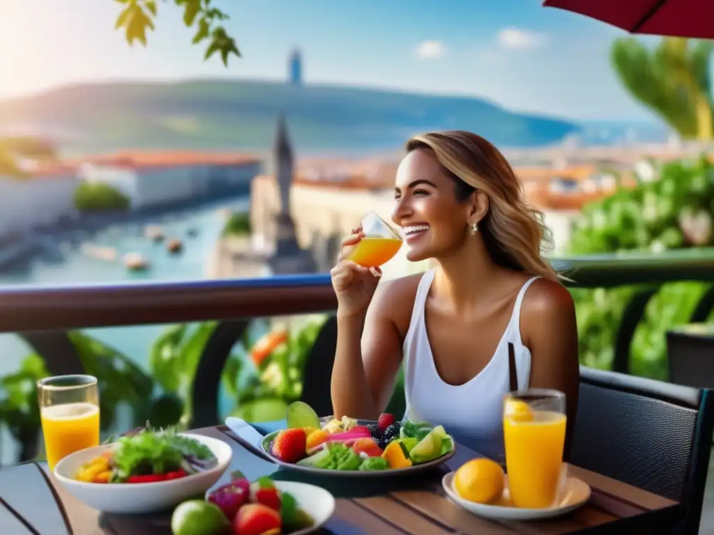 Un viajero disfrutando una comida saludable en un café al aire libre Dieta saludable en viaje médico: viajero disfrutando comida colorida y nutritiva en una terraza al aire libre
