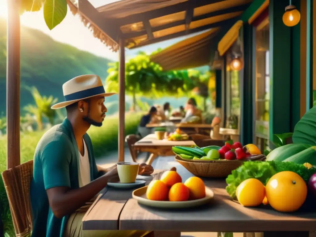 Viajero planificando comidas saludables Un viajero en un café pintoresco rodeado de vegetación exuberante, planeando comidas saludables