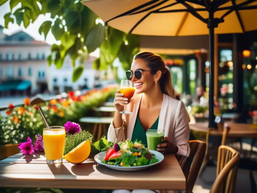 Un viajero disfrutando de una comida saludable en un café al aire libre rodeado de naturaleza Consejos para comer saludable en viajes: Café al aire libre rodeado de naturaleza, comida equilibrada y ambiente moderno