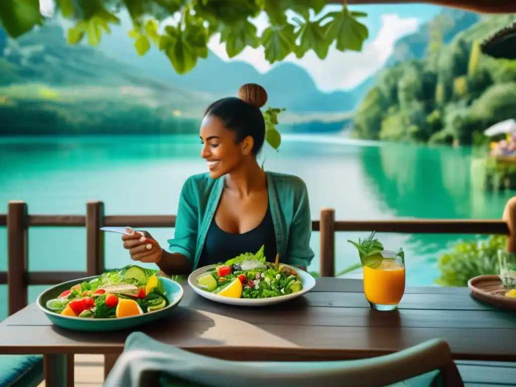 Viajero disfrutando de una comida saludable en un café al aire libre Dieta saludable en viaje médico: comida fresca y equilibrada en un café al aire libre rodeado de naturaleza y un lago sereno