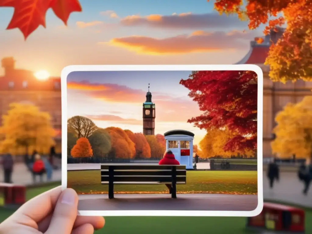 Viajero disfrutando del otoño en el parque Viajero feliz en parque otoñal con tarjeta postal vintage y paisaje famoso al atardecer