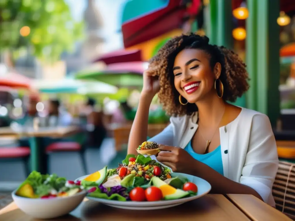 Viajero disfrutando de una colorida ensalada en una ciudad vibrante Viajero disfrutando de una saludable comida en una animada ciudad - Consejos para comer saludablemente durante tus viajes