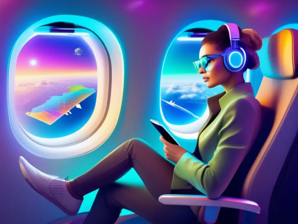 Viajero moderno en avión con tecnología avanzada Viajero en avión con cabina futurista, tecnología avanzada y asistente virtual