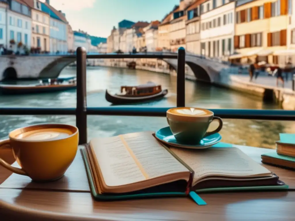 Viajero documentando historia familiar Herramientas para viaje genealógico seguro en ciudad europea con notas, escáner portátil y café