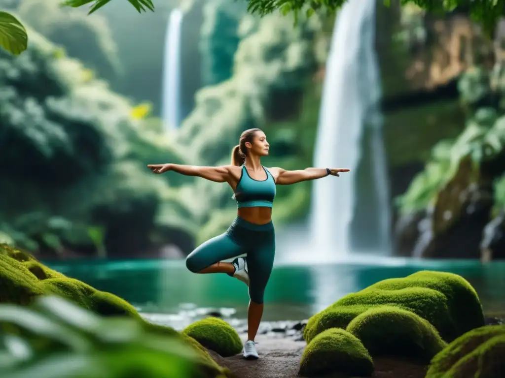 Viajero en hermoso paisaje haciendo ejercicios Viajero en hermoso lugar con cascada, realizando ejercicios de flexibilidad