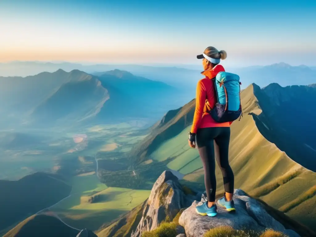 Viajero en la cima de la montaña Beneficios tecnología para viajeros maduros en paisaje impresionante