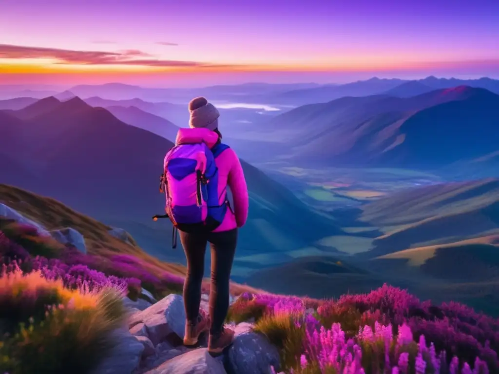 Viajero en montaña al amanecer Viajero disfruta vista panorámica montañas: Beneficios de una actitud positiva en los viajes