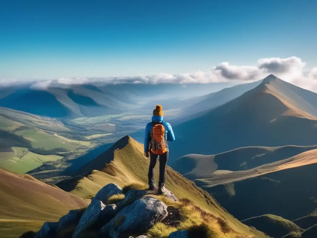 Consejos para fortalecer el sistema inmunológico en viajes: Viajero admirando majestuoso paisaje montañoso y manteniéndose hidratado
