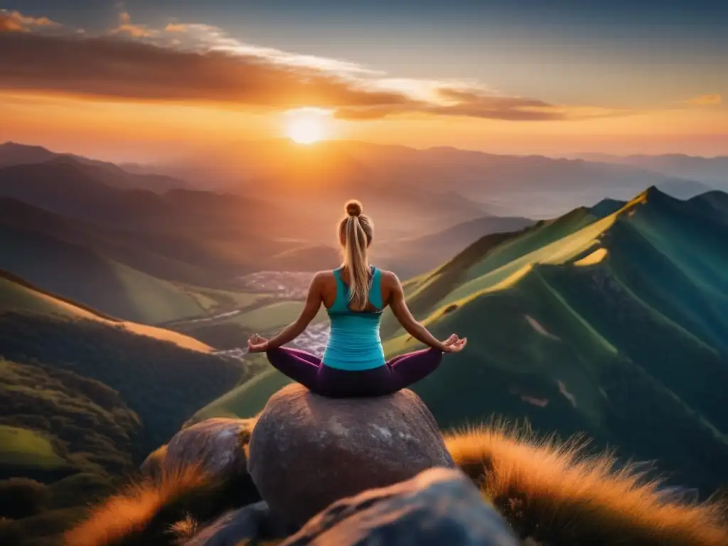 Viajero en yoga en la cima Viajero maduro practicando ejercicios en la montaña