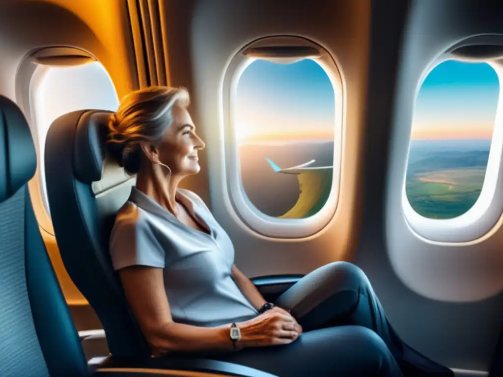 Viajero relajado con vista panorámica Ejercicios de postura para viajeros maduros en avión