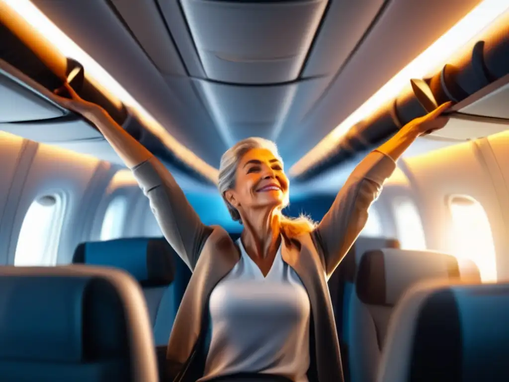 Viajero se estira en avión Ejercicios para viajeros maduros, estiramientos en avión para prevenir rigidez muscular
