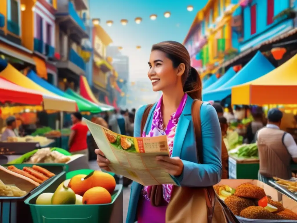Viajero enfrenta desafíos de dieta Viajero en mercado callejero de comida, opciones tentadoras y restricciones dietéticas