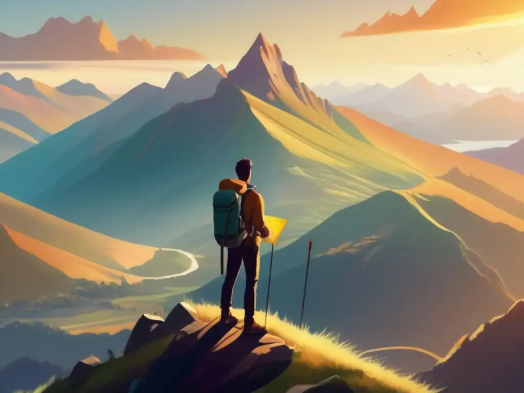 Claves para mantener mentalidad viajera: paisaje montañoso con viajero en la cima