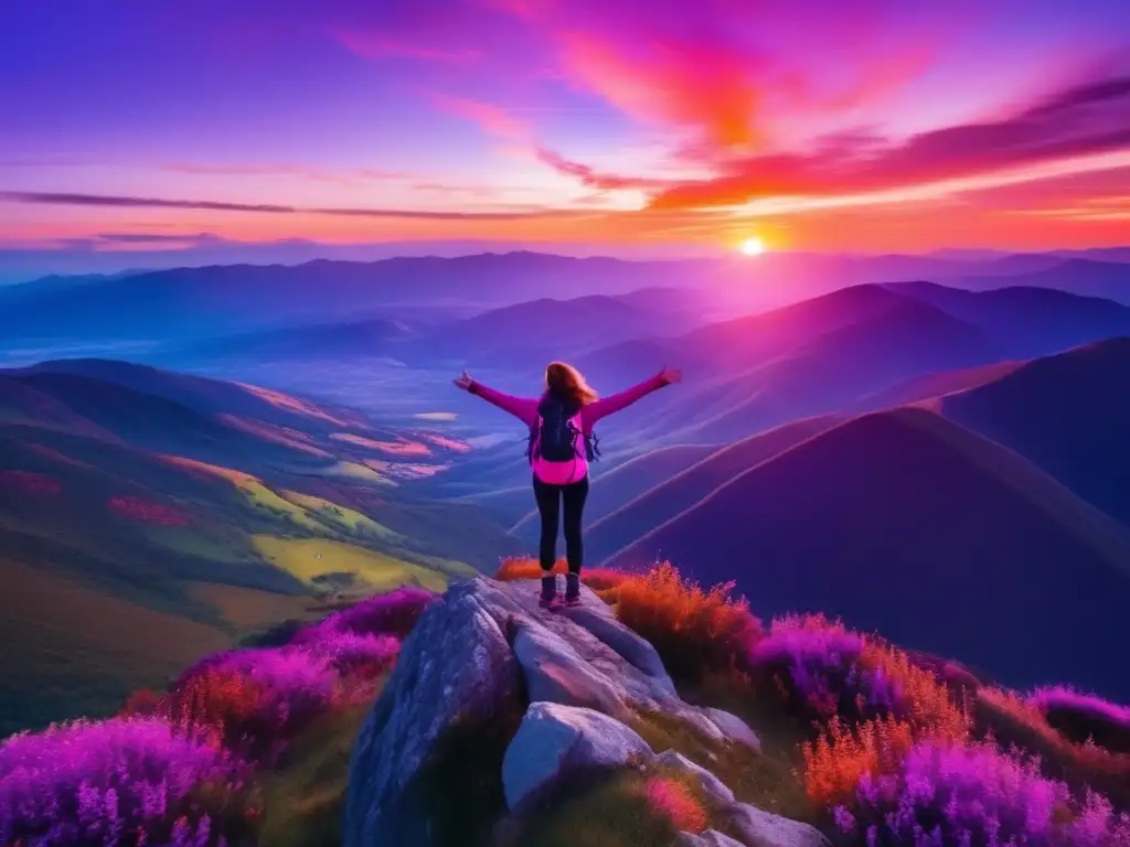 Viajero extasiado en montaña al atardecer Viajero disfrutando de una impresionante puesta de sol en la montaña (+ 'Transformando experiencias de viaje con actitud positiva')
